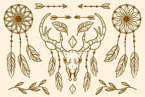 Engraving hand drawn boho elements collection Illustrazione stock