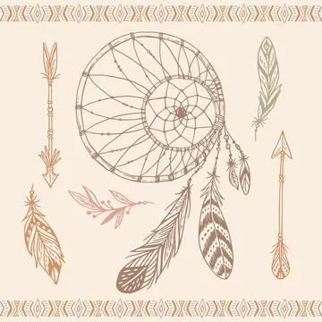 Engraving hand drawn boho elements collection Stock Illustration