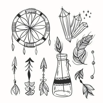 Engraving hand drawn boho elements collection Stock Illustration