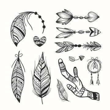 Engraving hand drawn boho elements collection Illustrazione stock