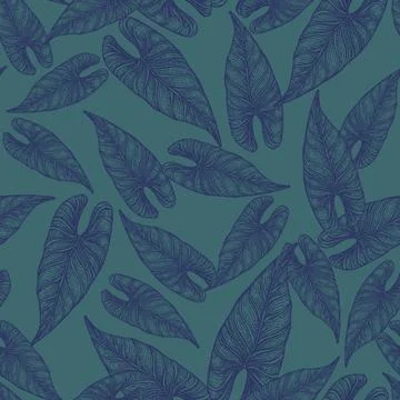 Engraving leaf araceae seamless pattern. Vintage leaves background. Stock Illustration