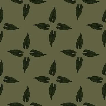 Engraving leaf araceae seamless pattern. Vintage leaves background. Stock Illustration