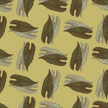 Engraving leaf araceae seamless pattern. Vintage leaves background. Stock Illustration