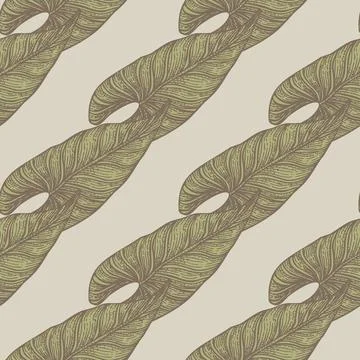 Engraving leaf araceae seamless pattern. Vintage leaves background. Stock Illustration