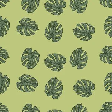 Engraving leaf monstera seamless pattern. Vintage leaves background. Stock Illustration
