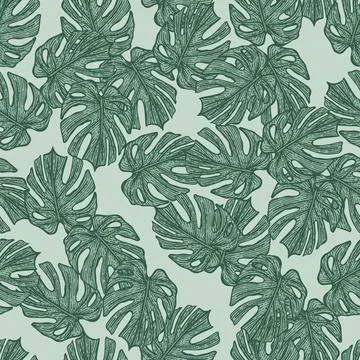 Engraving leaf monstera seamless pattern. Vintage leaves background. Stock Illustration