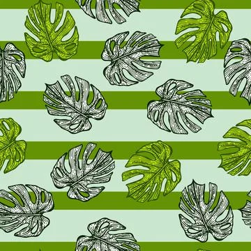 Engraving leaf monstera seamless pattern. Vintage leaves background. Stock Illustration