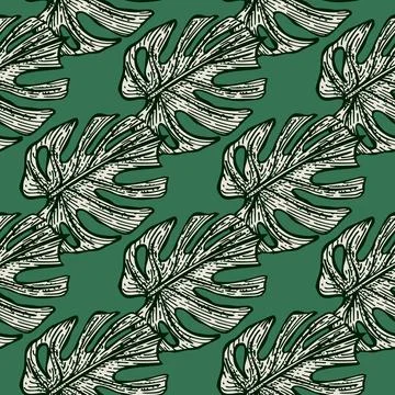 Engraving leaf monstera seamless pattern. Vintage leaves background. Stock Illustration