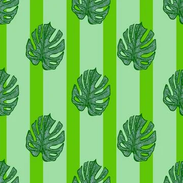 Engraving leaf monstera seamless pattern. Vintage leaves background. Stock Illustration