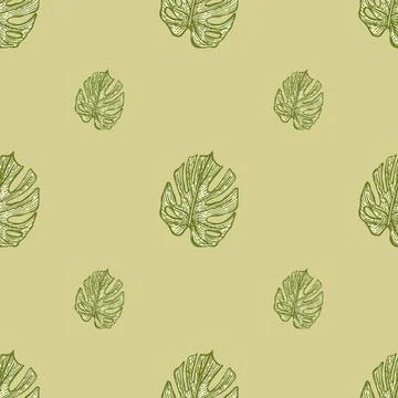 Engraving leaf monstera seamless pattern. Vintage leaves background. Stock Illustration