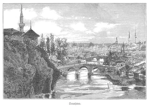 Engraving of Sarajevos cityscape, highlighting a multi-arched bridge over a Ilustração Stock