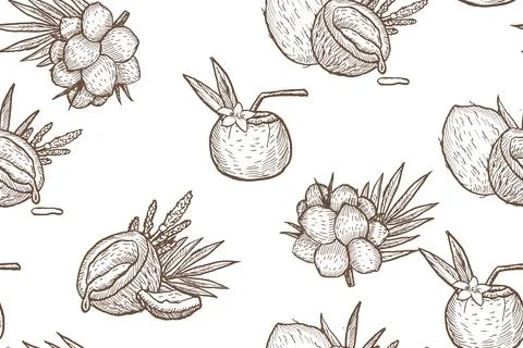 Engraving seamless pattern with nuts and drinks. Coconut beach summer outline Illustrazione stock