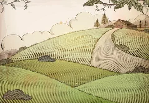 Engraving style farm background Stock Illustration