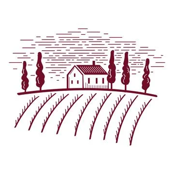 Engraving style illustration of a house and a field. Stock Illustration