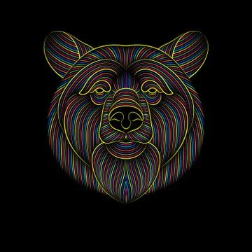Engraving of stylized psychedelic bear on black background Illustrazione stock