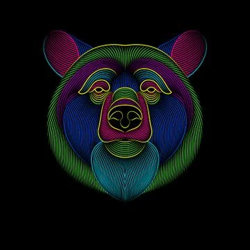 Engraving of stylized psychedelic bear on black background Illustrazione stock