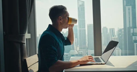 Engrossed in work man sits at desk soft typing keyboard working home office Stock Footage 274653485