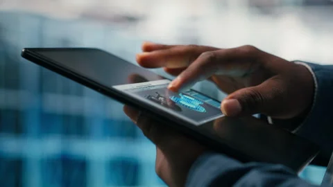 Enhancing hardware, tablet closeup and admin in server room Stock Footage 330205270