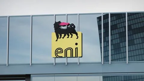 ENI Stock data presented on the logo of the office facade editorial Stock Photos