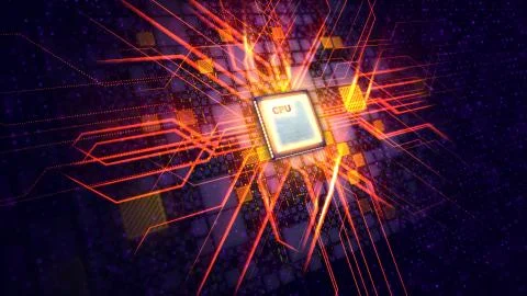 An enigmatic 3d illustration of a square CPU tablet making a figure resemblin Stock Illustration