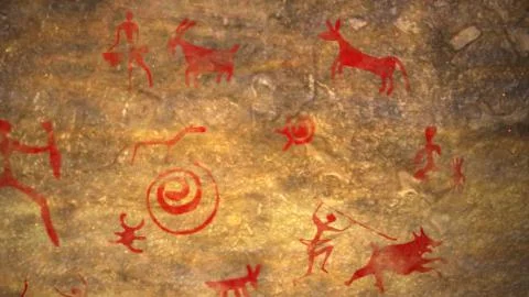 Enigmatic 3d rendering of primitive ancient art on a brown cave wall with peo Stock Illustration