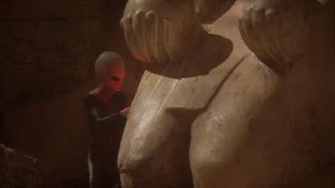 The enigmatic alien illuminates pharaonic column carvings with a magical han Video stock 291932980