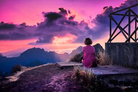 Enjoy a magic sunset with mountain view Stock Photos