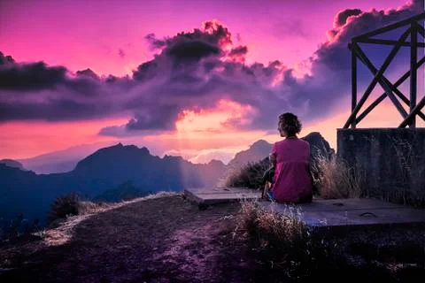 Enjoy a magic sunset with mountain view Stock Photos