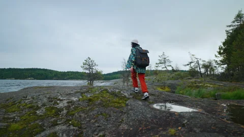 Enjoy Nature And Explore New Place, Woman Traveller With Big Backpack Walking In Stock Footage 253816645
