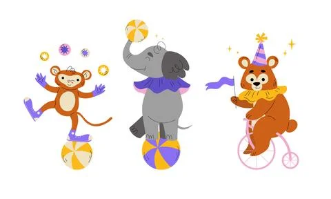 Enjoy the spectacle of circus animals performing tricks with colorful props Stock Illustration
