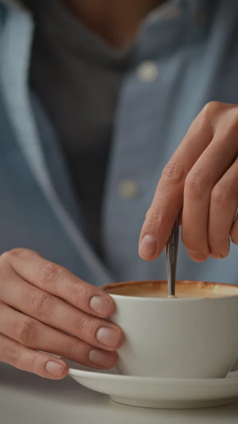 Enjoy stirring a warm cup of coffee in a cozy setting for a perfect morning Stock Footage 331571374
