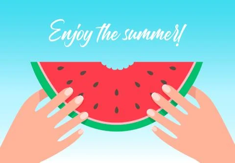 Enjoy the summer cartoon flat vector illustration. Bitten off watermelon slice Stock Illustration