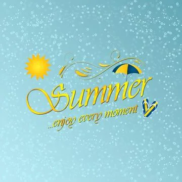 Enjoy summer. Vector background with umbrella, sun, water and beach slippers. Stock Illustration