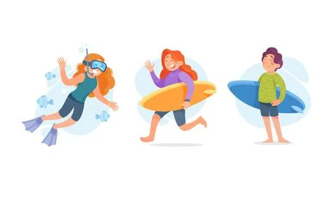 Enjoy Various Fun Water Activities Such As Snorkeling, Surfing, and Beach Play Stock Illustration