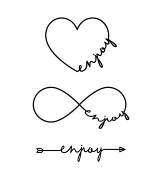 Enjoy - word with infinity symbol, hand drawn heart, one black arrow line Illustrazione stock