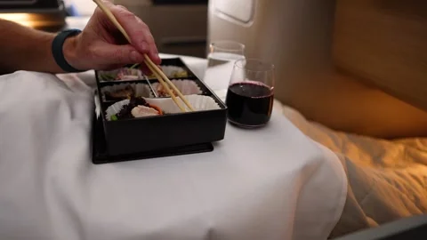 Enjoying a Bento Meal on a Flight Stock Footage 289494026