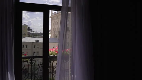 Enjoying a Charming Window View That Showcases Drapes and Colorful Flowers Vidéo 294381683