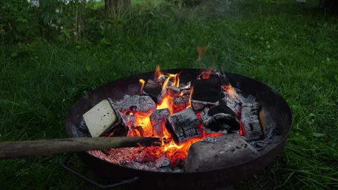 Enjoying a cozy campfire while roasting marshmallows in the wilderness at sunset Stock Footage 317954302