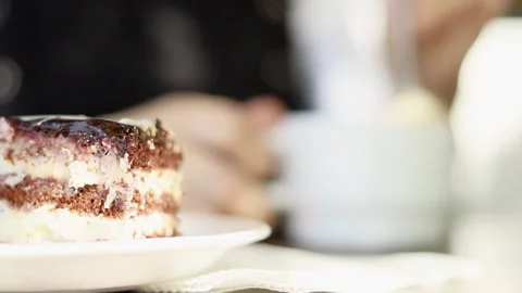 Enjoying a delectable slice of cake with a cozy cup of coffee Stock-Footage 295269463