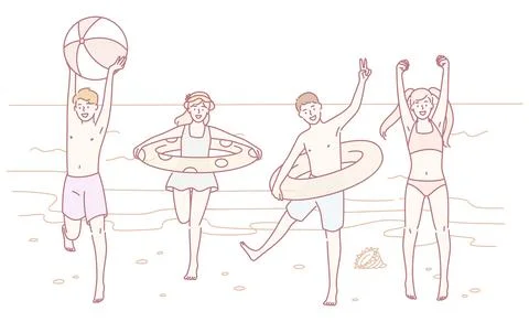 Enjoying a Fun Time at the Beach Exciting Summer Activities with Friends and Stock Illustration