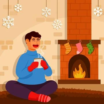Enjoying Hot Drink While Winter Outside Stock Illustration