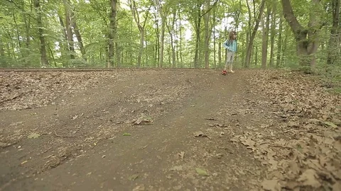 Enjoying Playing Fire Truck Engine Toy Car in Forest Stock Footage