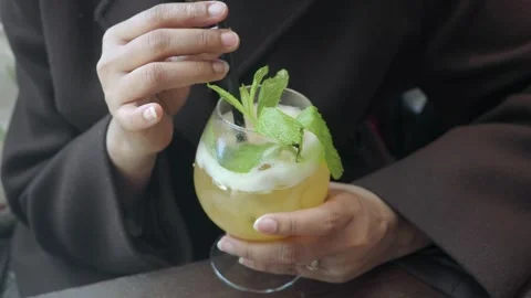 Enjoying a refreshing drink with mint and lemon in hand Stock Footage 333818715