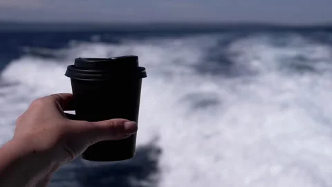 Enjoying a Serene Coffee Moment While Relaxing on the Water During a Beautiful Stock Footage 313867221