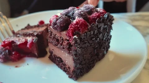 Enjoying a slice of chocolate cake with berries at a cafe Stock Footage 346738948
