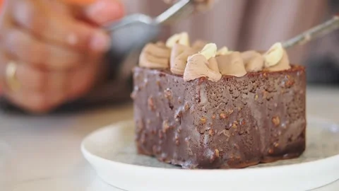 Enjoying a slice of chocolate cake at a local cafe Stock Footage 340057115