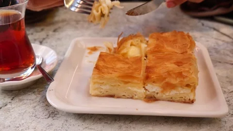 Enjoying turkish borek in a cafe during afternoon tea time Stock Footage 337059374