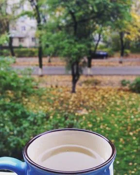 Enjoying a warm drink while looking at trees and leaves on a chilly day fro.. Foto stock