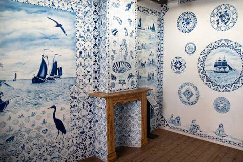  Enkhuizen, Netherlands, June 2022.An interior made of Delft blue wallpape... Stock Photos