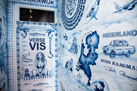  Enkhuizen, Netherlands, June 2022.An interior made of Delft blue wallpape... Stock Photos